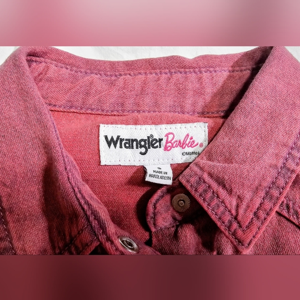 Wrangler Pink Barbie Denim Shirt Dress Sz S Western Cowgirl - Picture 6 of 8